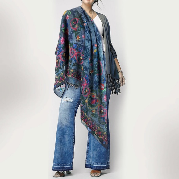 Floral Hippie Shawl. Printed Denim Swedish Folk Chiffon Scarf - Picture 5 of 12